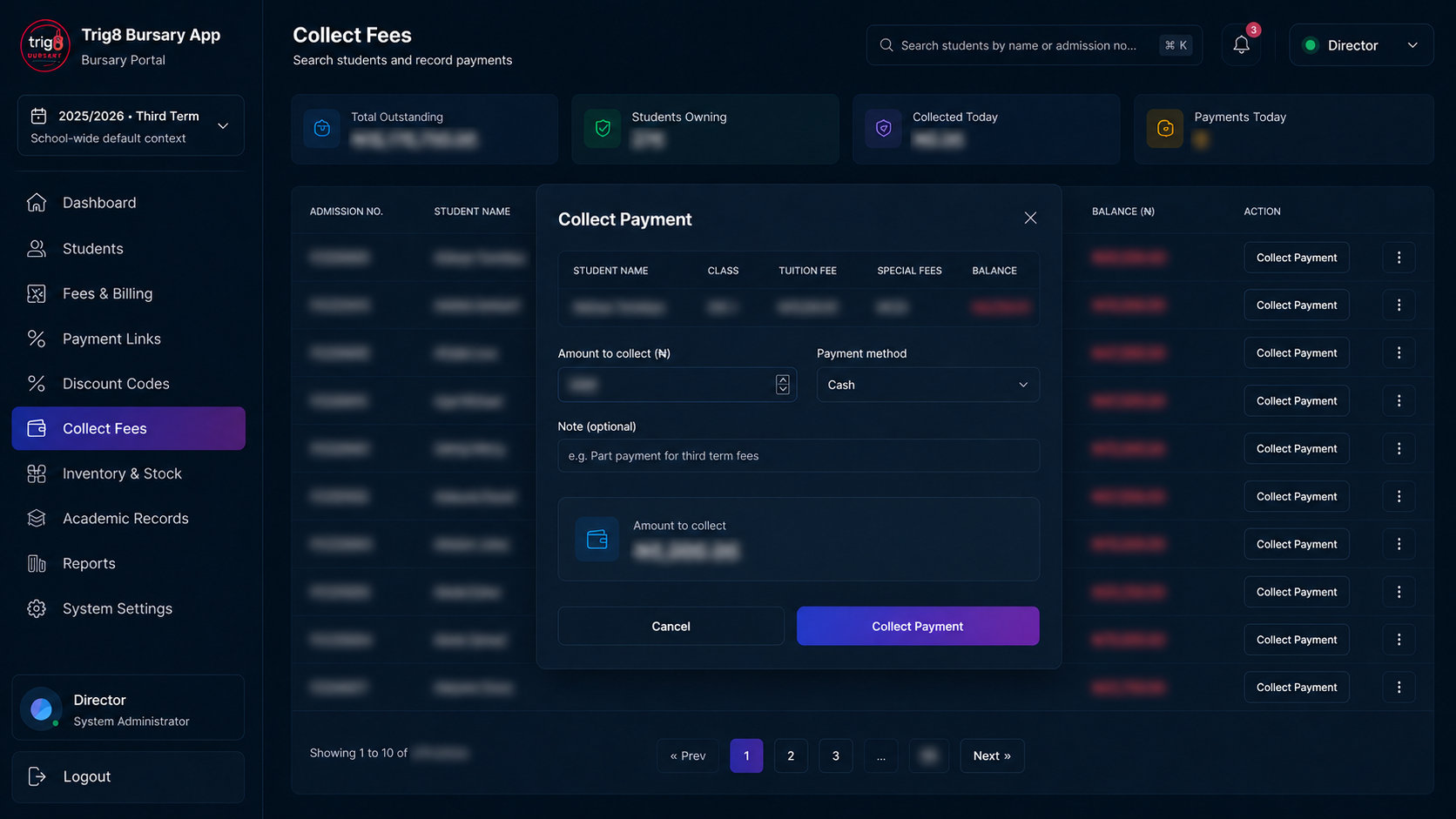 Privacy-redacted Trig8 Bursary fee collection interface