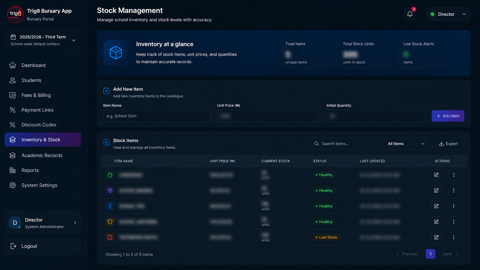 Trig8 Bursary stock management interface